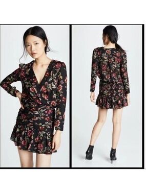 A.L.C. | Haven Ruched Floral Print 100% Silk Dress black red sz 0